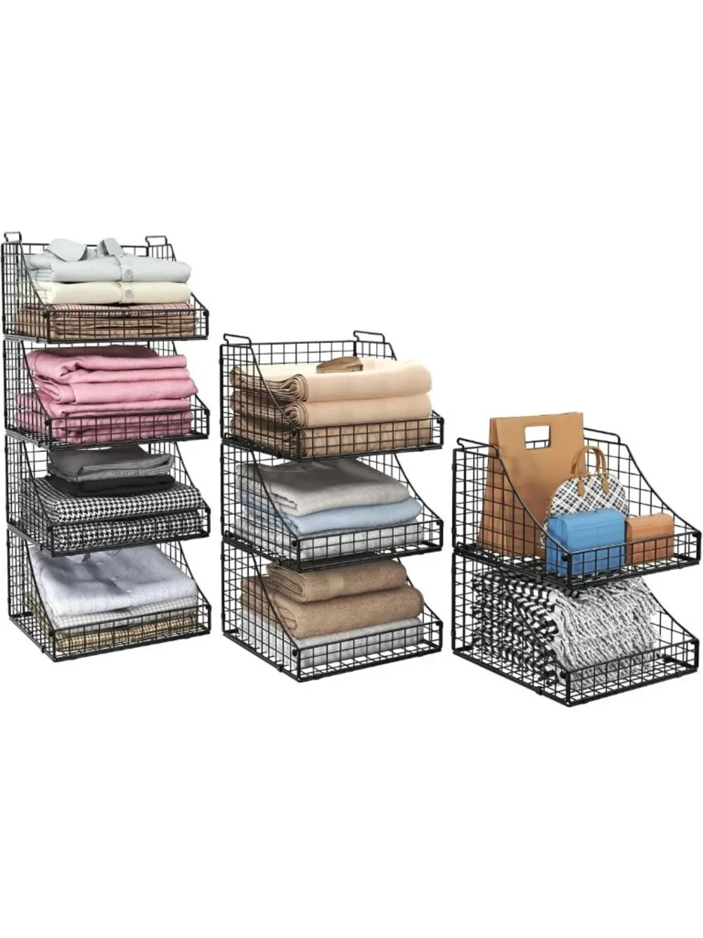 4-Pack Stackable Wire Baskets for Closet Organization, Rustic Metal Storage Bins
